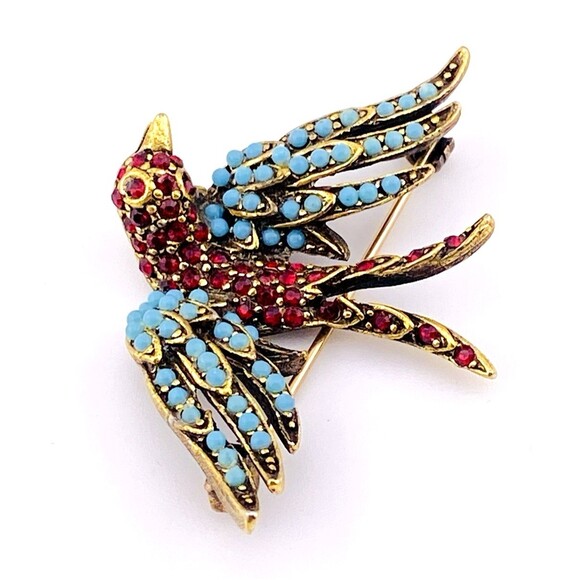 Vintage Pauline Rader Swallow Bird Brooch Pin Turquoise and Ruby Glass Orbs Pave - Picture 4 of 7